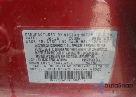 2019 Nissan Versa 1.6 Sv from USA, damaged, VIN 3N1CN7AP5KL808954
